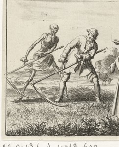 Vrouw aanschouwt een maaier achter wie de Dood met een zeis staat