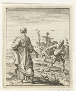 Vrouw aanschouwt een zaaiende boer