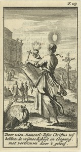 Vrouw aanschouwt met een brandend hart, een crucifix en het evangelie in haar handen de gekruisigde Christus
