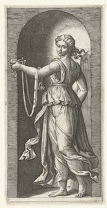 Vrouw als personificatie van Matigheid (Temperantia) met breidel staand in nis