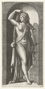 Vrouw als personificatie van Voorzichtigheid (Prudentia) met slang en masker