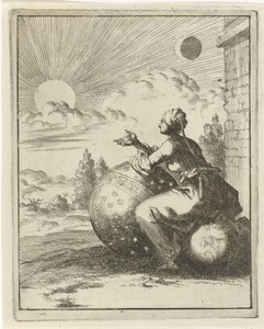 Vrouw bekijkt, zittend op een wereldbol en steunend op een hemelglobe, de ondergaande zon