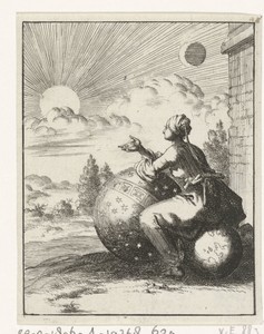 Vrouw bekijkt, zittend op een wereldbol en steunend op een hemelglobe, de ondergaande zon