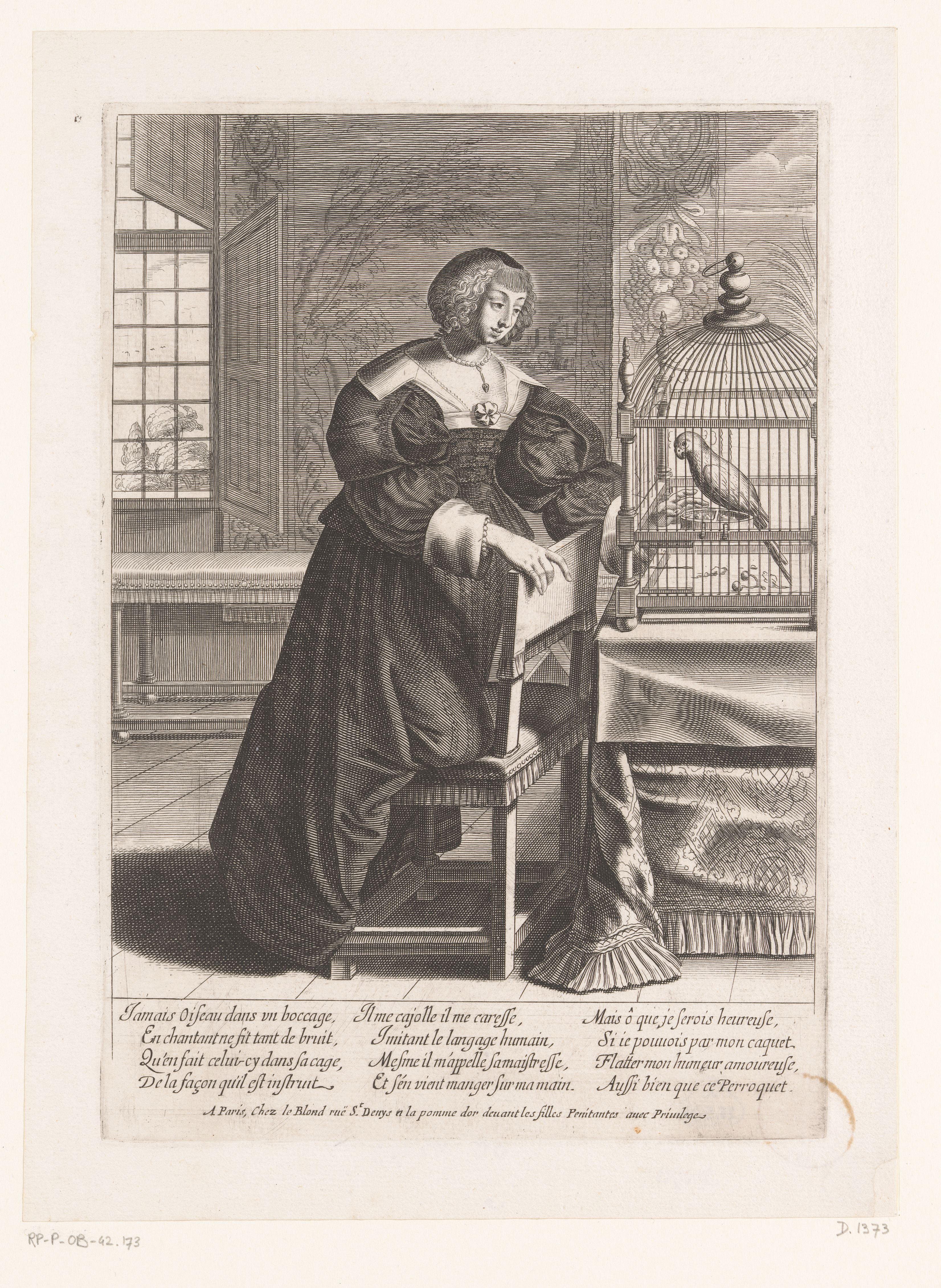 Vrouw bij een papegaai in een kooi by Abraham Bosse
