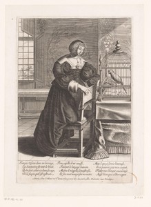 Vrouw bij een papegaai in een kooi
