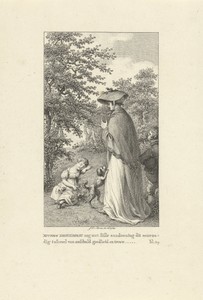 Vrouw bij een slapend kind in een landschap