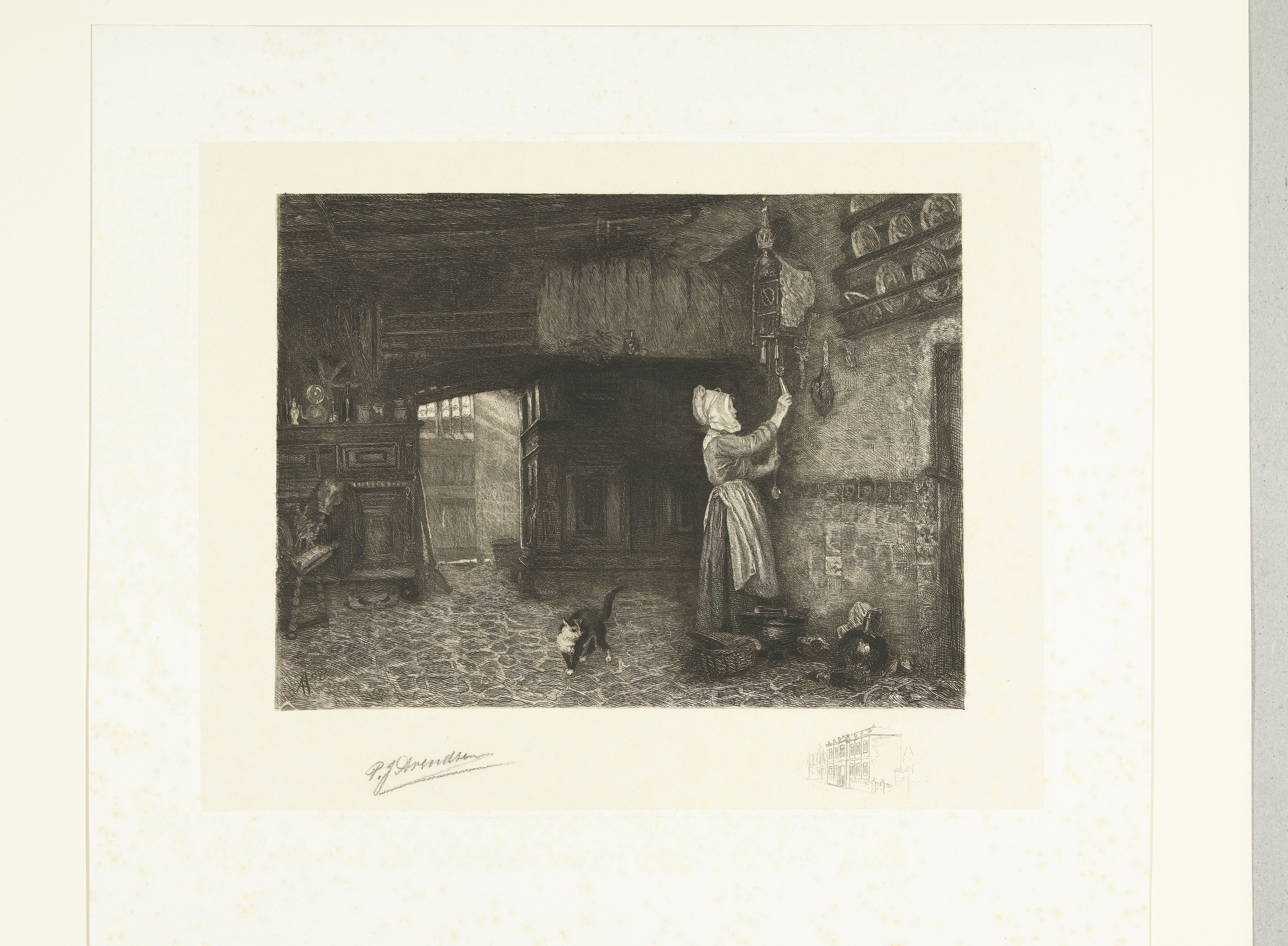 Vrouw die een wandklok opwindt by Petrus Johannes Arendzen
