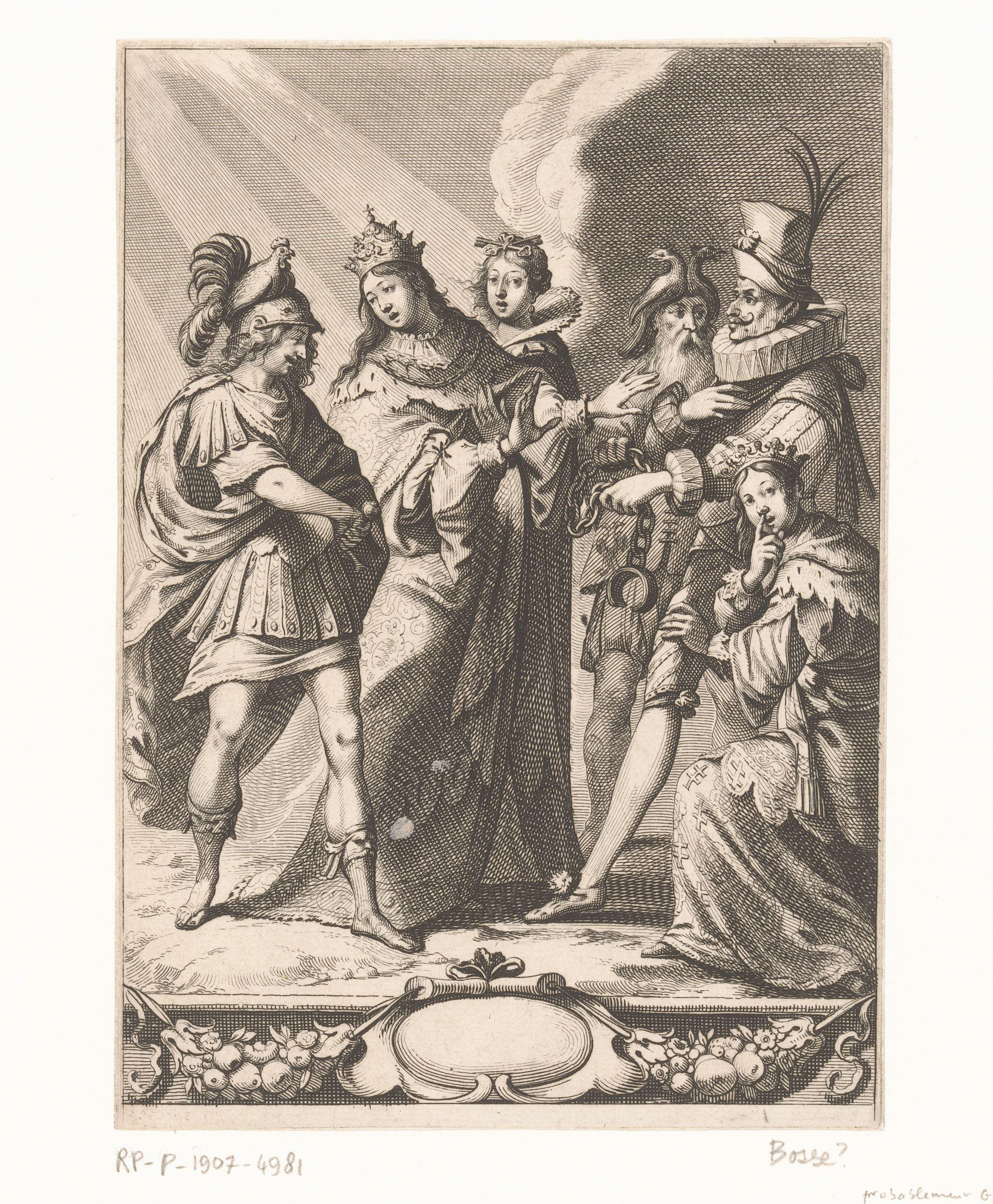 Vrouw door drie mannen en twee vrouwen geboeid by Abraham Bosse
