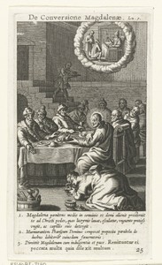 Vrouw droogt de voeten van Christus met haar haar tijdens maaltijd in huis van Simon de Farizeeër