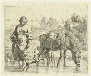 Vrouw en ezel staan in ondiep water, een hond springt op voor haar voeten