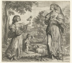 Vrouw en meisje met bloemen in landschap met herder en schapen