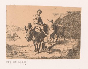 Vrouw gezeten op een ezel en een man staand bij een rund
