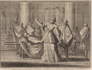 Vrouw in een kerk bij een lijkbaar