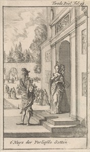 Vrouw in gesprek met de schrijver voor het huis van de liefde