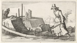 Vrouw in werkkleding, met kruiwagen