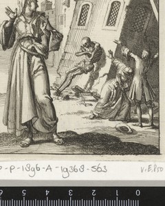 Vrouw kijkt om naar een gebouw dat instort doordat de Dood er tegenaan leunt