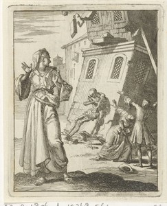 Vrouw kijkt om naar een gebouw dat instort doordat de Dood er tegenaan leunt