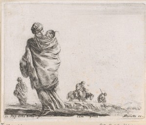 Vrouw met baby op de rug gezien in een landschap met andere figuren