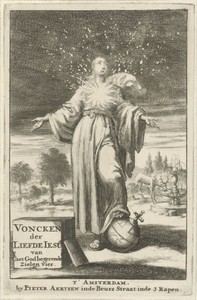 Vrouw met brandende boezem blikt hemelwaarts