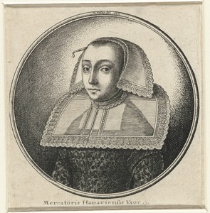 Vrouw met grote stijve kraag, hoofdkapje en haarpin