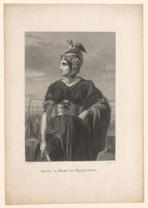 Vrouw met helm en zwaard voor een legerkamp