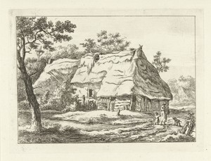 Vrouw met kind bij een boerderij