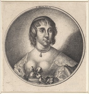 Vrouw met laag decolleté, versierd met strik