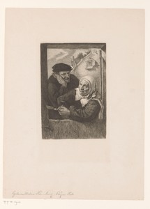 Vrouw met pijp en man in deuropening