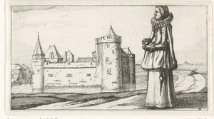 Vrouw met plooikraag voor het Muiderslot