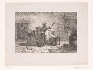 Vrouw met vogel en vogelkooi in een boereninterieur
