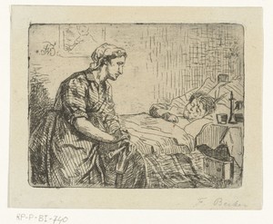 Vrouw naast bed met ziek kind