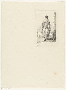 Vrouw op de rug gezien en gekleed volgens de mode van ca. 1710