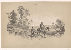 Vrouw op een paard met man en kind in een landschap