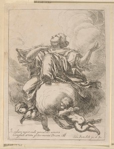 Vrouw op een wolk, opgetild naar de hemel door twee putti