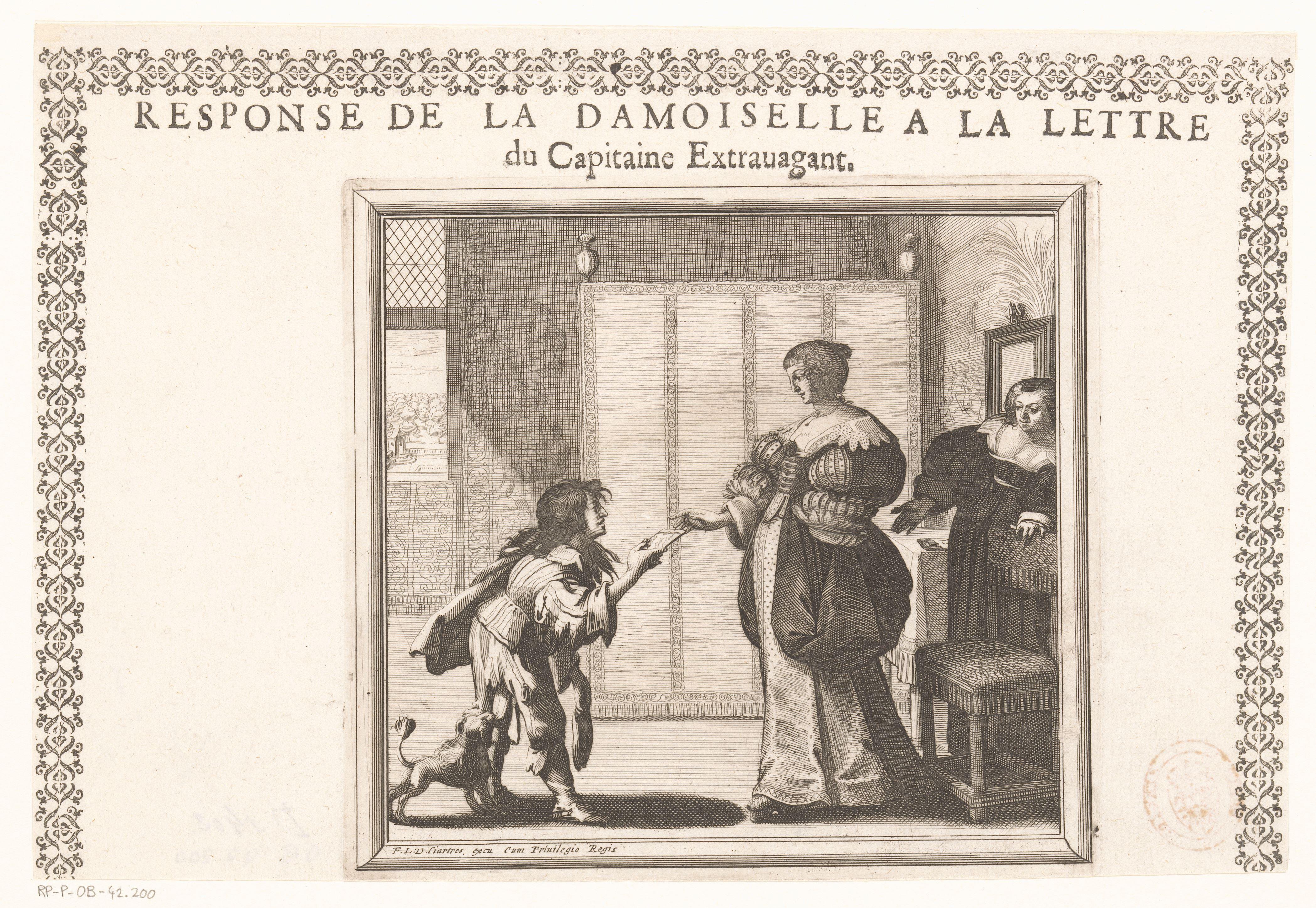 Vrouw overhandigt een liefdesbrief aan een bode by Abraham Bosse
