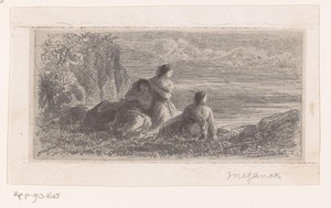 Vrouw rust samen met haar dochters in een landschap