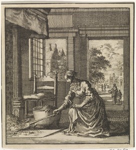 Vrouw schept de as uit de haard