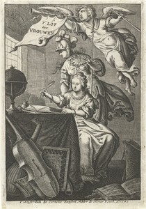 Vrouw schrijft aan tafel in bijzijn van Minerva en Faam met loftrompet