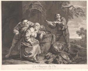 Vrouw slapend bij een ton met wijnglas in de hand