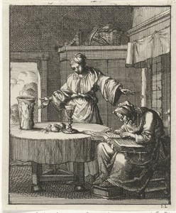 Vrouw staande bij een tafel waaraan een oude vrouw de bijbel bestudeerd