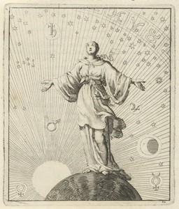 Vrouw staande op een wereldbol, omgeven door de zon, maan, sterren en planeten