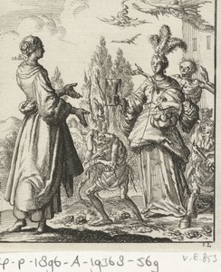 Vrouw wijst naar een rijk geklede vrouw die aan een koord door de Zonde wordt geleid en door de Dood en Satan is omgeven