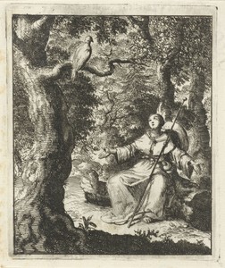 Vrouwelijke pelgrim ziet in het bos een tortelduif