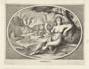 Vrouwelijke personificatie van werelddeel Amerika als vrouw met hoofdtooi van veren en pijl in landschap