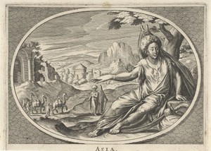 Vrouwelijke personificatie van werelddeel Azië als vrouw met tulband en sabel in landschap met kamelen