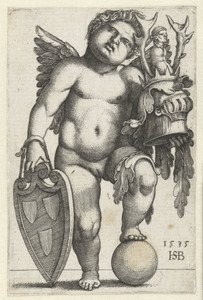 Vrouwelijke putto met wapen op een schild