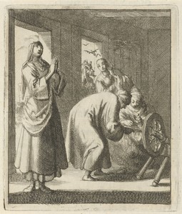 Vrouwen biddend en spinnend in een interieur, bij het raam fluistert Satan een vierde vrouw wat in het oor
