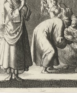 Vrouwen biddend en spinnend in een interieur, bij het raam fluistert Satan een vierde vrouw wat in het oor