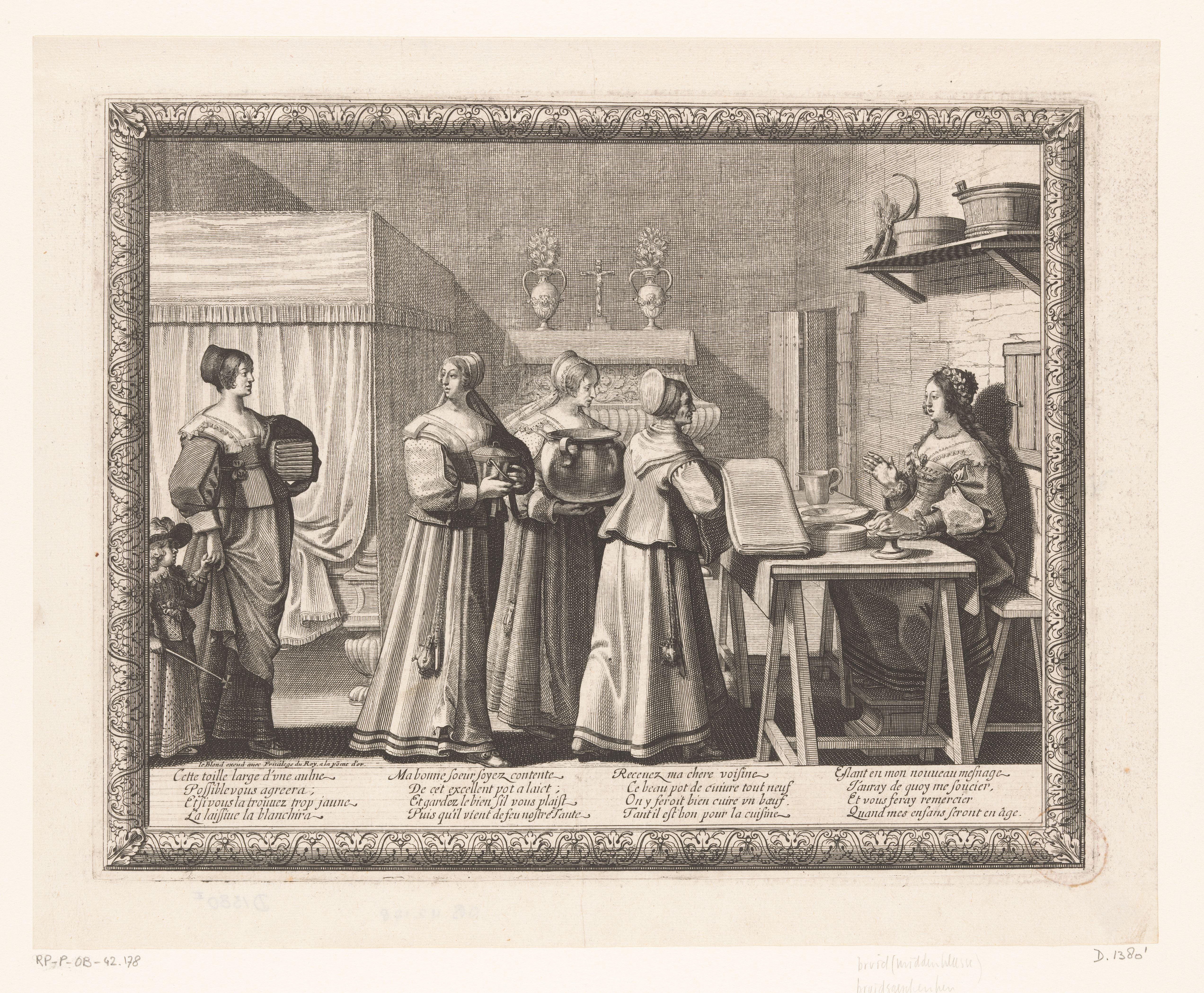 Vrouwen brengen geschenken naar de bruid by Abraham Bosse