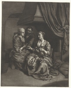 Vrouwen en een man bij de haard